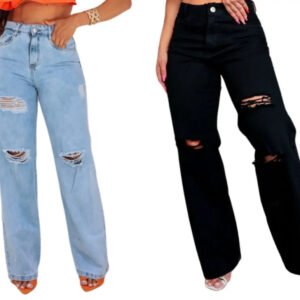 Kit 2 Calças Feminina Jeans Wideleg Pantalona Cintura Alta